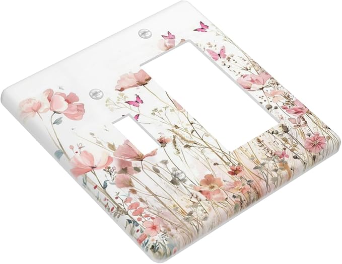 Boho Floral Watercolor Pink Wildflower Butterfly Outlet Covers 1 Toggle 1 Rocker Combination Decorative Wall Plate Electrical Switch Plates Light Switch Cover Plate for Bedroom Living Room Decor