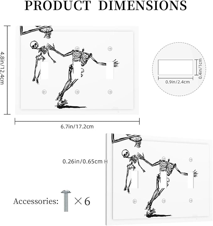 Decorative Switch Plates Skeleton Basketball Funny Skull Stick Figure 3 Gang Wall Plate Triple Toggle Light Switch Cover Faceplate Electrical Wall Panels For Home Office Decor