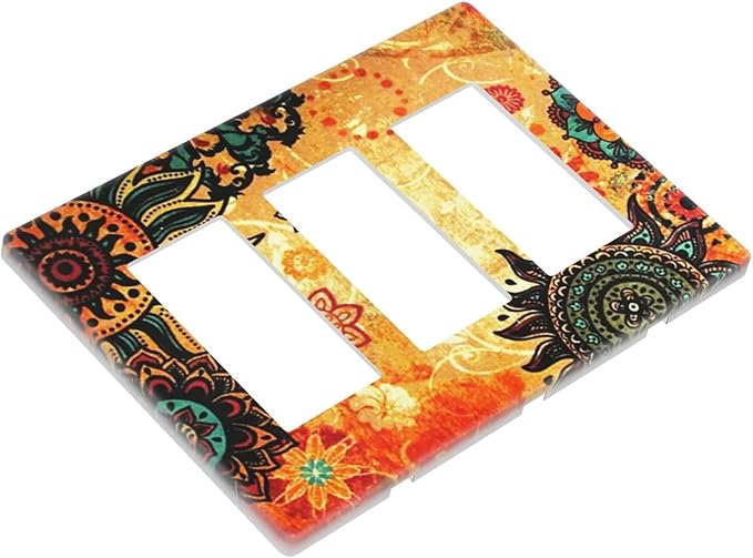 Red Orange Boho Bohemian Flower Floral Triple Decorator Light Switch Cover 3 Gang GFCI/Rocker Wallplate Decorative Electrical Faceplate Switchplate Dimmer Screwless