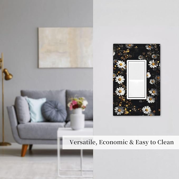 White Black Daisy Wildflower Modern Chrysanthemum Decorative Outlet Covers 1 Gang Single Rocker Light Switch Cover Plate Wall Plates GFCI Faceplate for Bedroom Farmhouse Decor