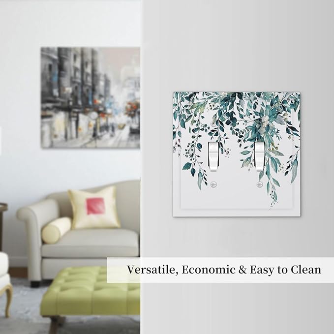 Decorative Light Switch Cover Plate Green Eucalyptus Boho Olive Leaves Country Unique 2 Gang Wall Plate Cover Double Toggle Switch Plate Covers Electric Dual Device Electrical Faceplate