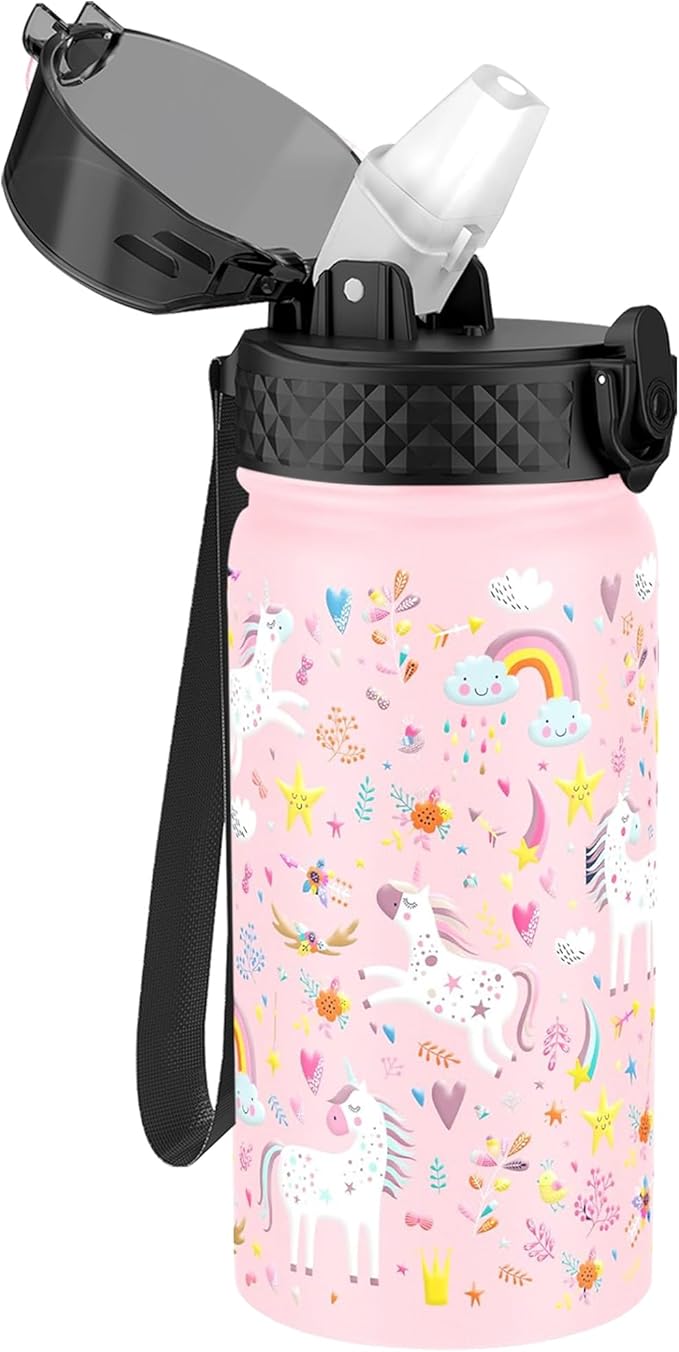 GOPPUS Kids Water Bottle (Straw Lid) - 14 Oz Stainless Steel Travel Bottle, Double Wall Vacuum Leak Proof Kids Cup for School Boys Girls,Unicorn Fields