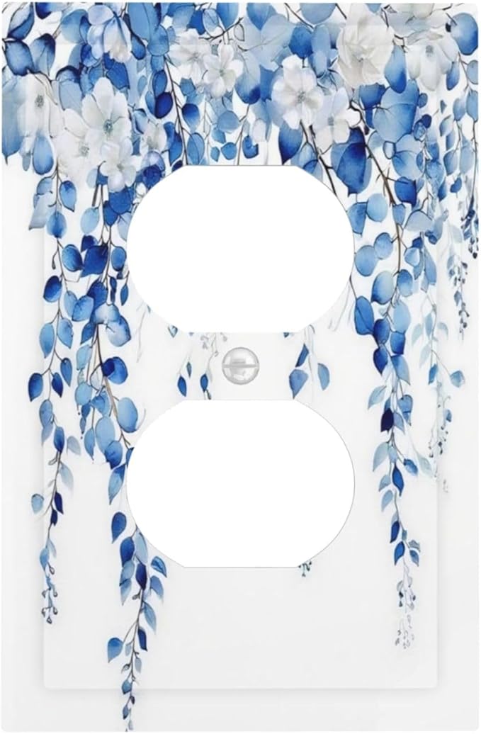 Blue Eucalyptus Leaves Floral Vine Flower Outlet Covers 1 Gang Duplex Light Switch Cover Decorative Switch Plates Electrical Receptacle Faceplate Wall Plate for Bedroom Living Room Decor