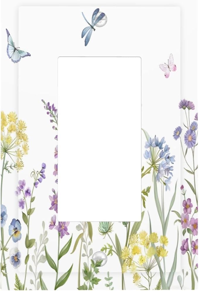 Colorful Wildflowers Dragonfly Lavender Butterfly Insect Decorative Outlet Covers 1 Gang Single Rocker Light Switch Cover Plate Wall Plates GFCI Faceplate for Bedroom Living Room Decor