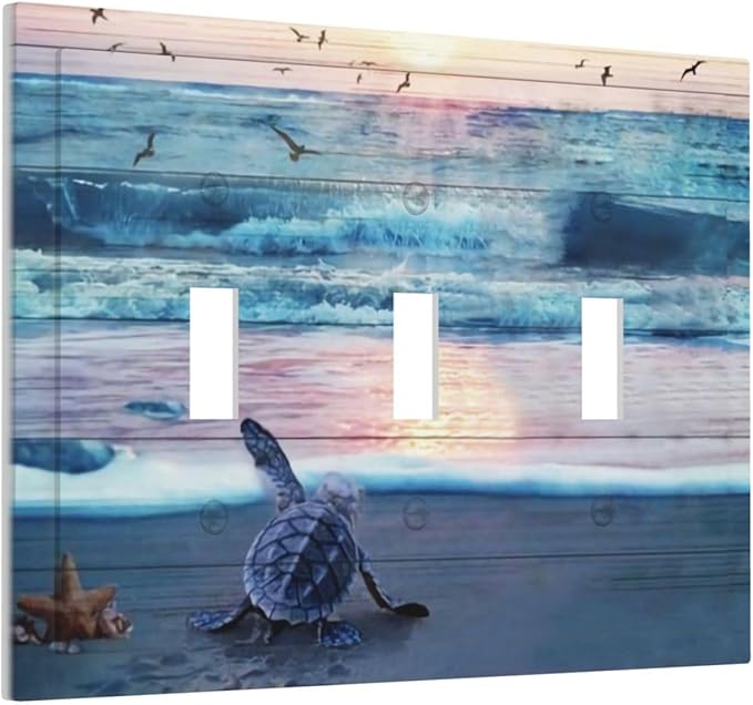 Nautical Ocean Teal Blue Beach Turtle Sea Life Coastal Starfish Sunset Triple Toggle Decorator Outlet Light Switch Wall Plate Cover Decorative 3 Gang Jumbo Size Three Device Receptacle Faceplate Cover
