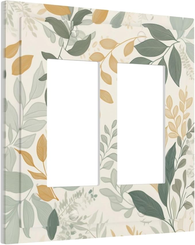 Boho Watercolor Leaves Double Rocker Light Switch Cover Green Botanical 2 Gang Outlet Covers Switchplates Decorative Electrical Wall Plate for Country Bedroom Living Room Home Decor