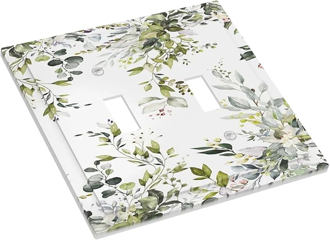 Eucalyptus Sage Green Leaf Plant Floral Decorative Switch Plates 2 Gang Double Toggle Outlet Light Switch Cover Wall Plate Electrical Faceplate for Bedroom Living Room Decor