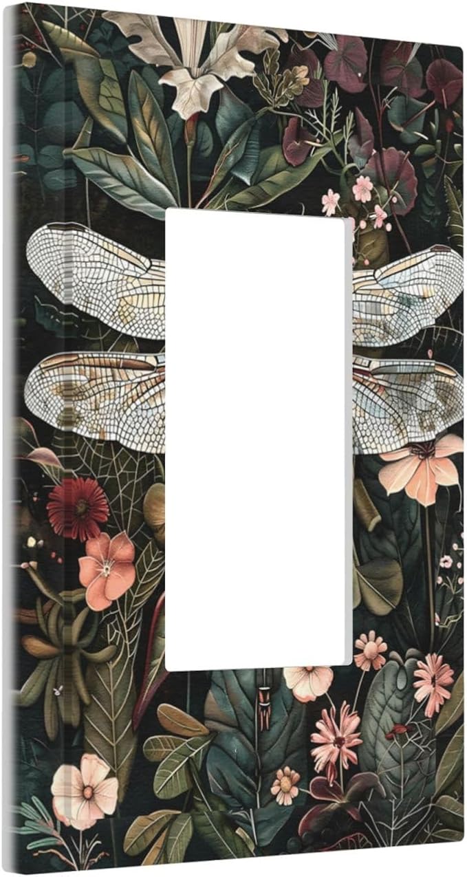 Vintage Dark Green Dragonfly Flowers Floral Botanical Decorative Outlet Covers 1 Gang Single Rocker Light Switch Cover Plate Wall Plates GFCI Faceplate for Farmhouse Home Decor