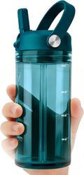 12oz Kids Water Bottle, BPA Free Thick Tritan Plastic Reusable, Clear Water Bottle with Straw, Leakproof Lid, Dishwasher Safe, Boy girl for School,Travel Turquoise Green