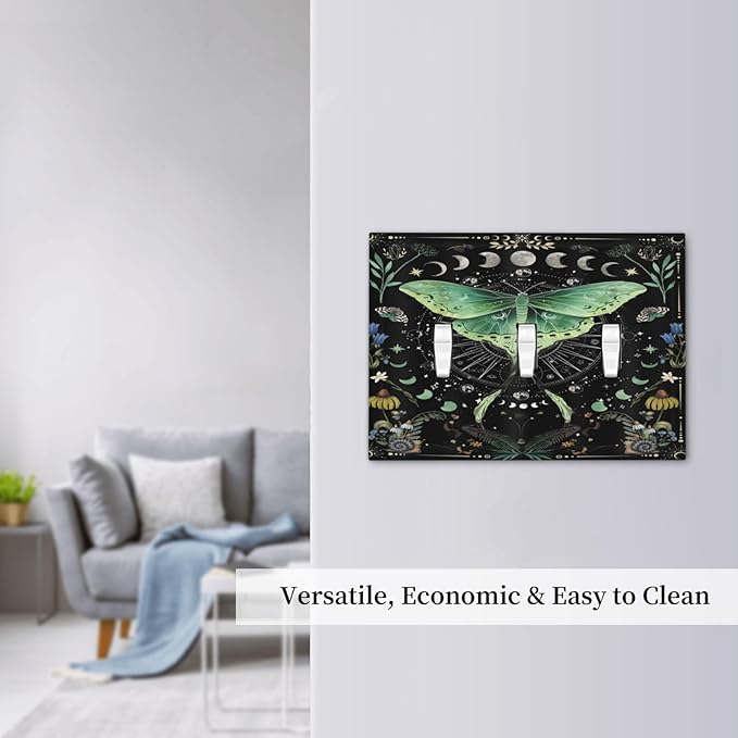 Moon Phase Butterfly Wildflower Plant Mysterious Night Moonlit Decorative Switch Plates 3 Gang Wall Plate Triple Toggle Light Switch Cover Faceplate Electrical Wall Panels for Bedroom Living Room