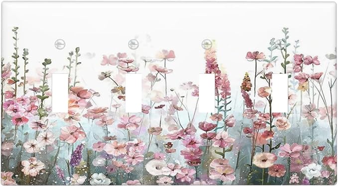 Colorful Flowers Pink Floral Watercolor Plant Light Switch Covers Quad Toggle Electrical Faceplate 4 Gang Wall Plate Decorative Switch Plates for Bed Room Living Room Decor