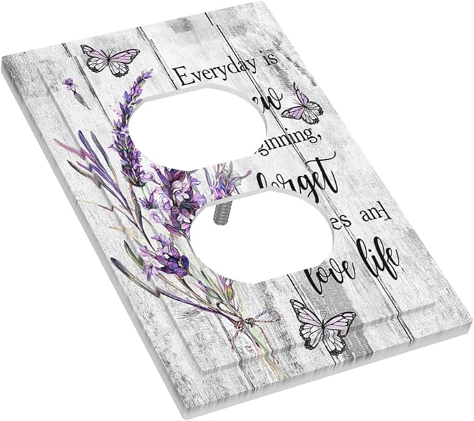 Outlet Covers Purple Lavender Flower Butterfly on Wood Plank 1 Gang Duplex Light Switch Cover Plate Inspirational quotation Floral Decorative Wall Plates Electrical Switchplate Receptacle Cover