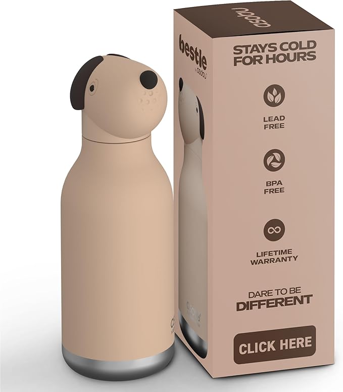 asobu Bestie Bottle Insulated Stainless Steel Water Bottle with Detachable Soft Animal Head Fun Drinking For Kids and Teens16 Ounce (Beige Dog)