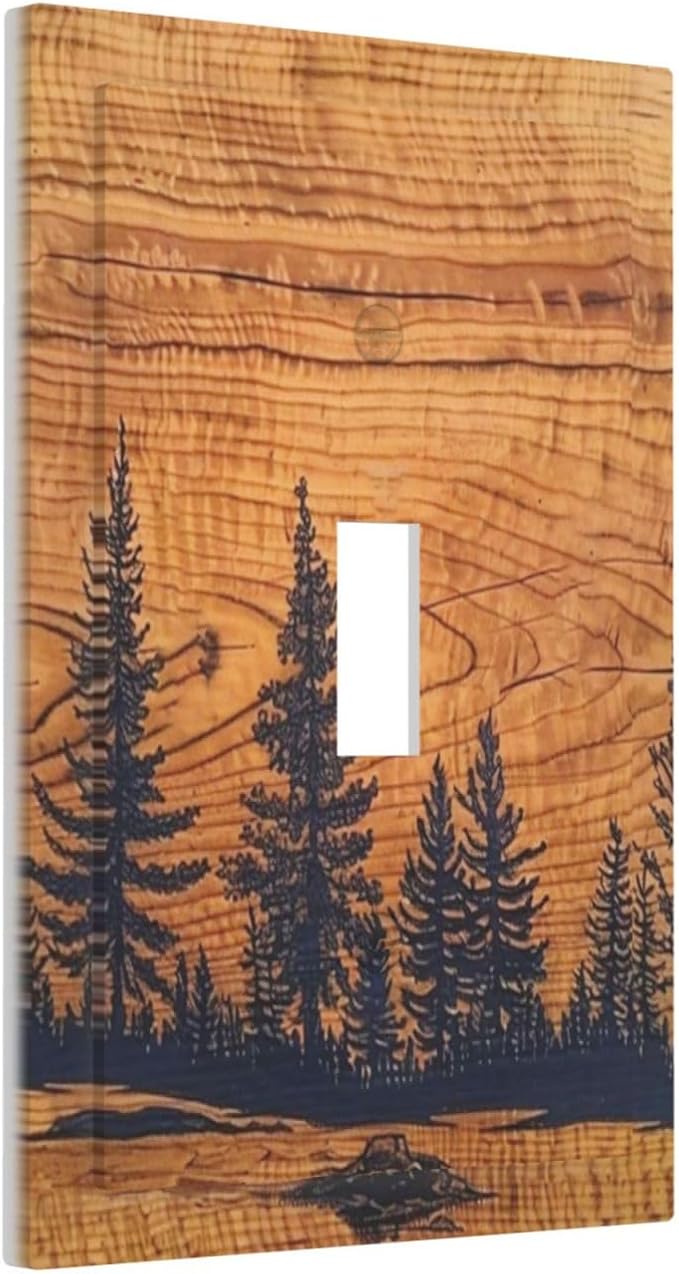 Rustic Country Lodge Style Brown Pine Tree Forest Woodland Woods Wooden Single 1 Gang Light Switch Cover Art Single Toggle Decorative Device Decorator Face Wall Plate Outlet Cover Switchplate(Plastic)