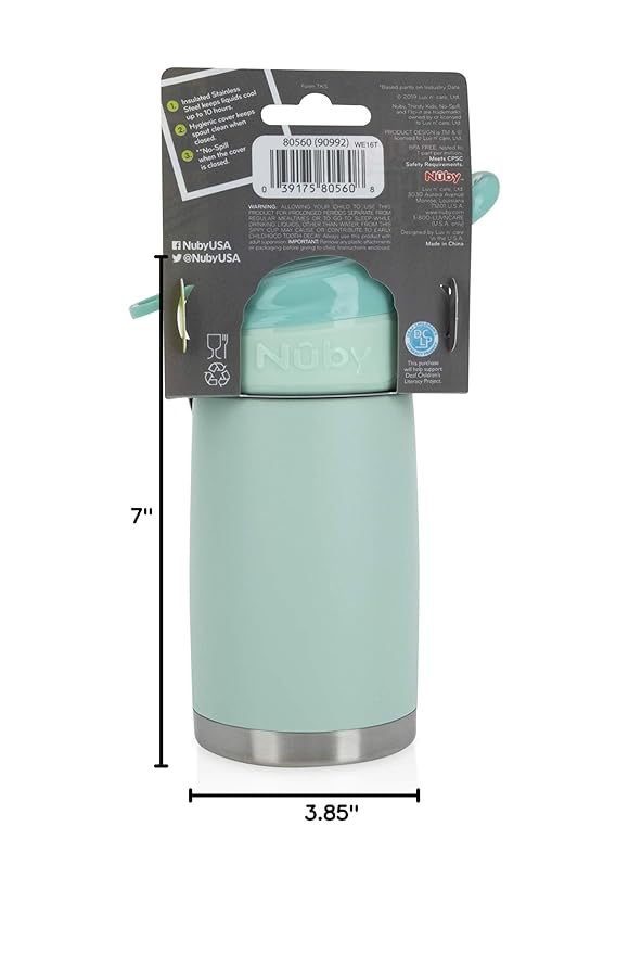 Nuby Thirsty Kids No Spill Flip-It Reflex Stainless Steel Travel Cup or Water Bottle - 10 Oz - 18+ Months - Aqua Mint - Back to School Essentials