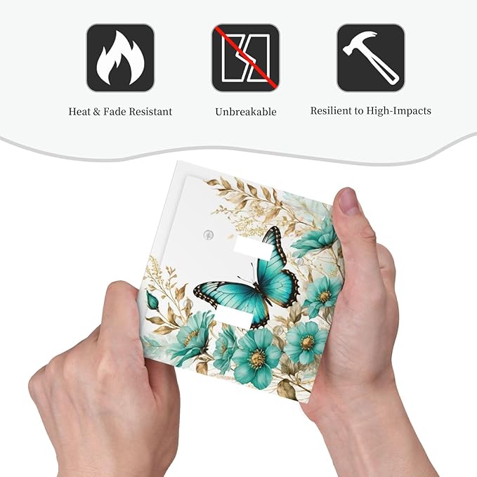 Decorative Light Switch Cover Plate Butterfly on Blue Daisy Flower Floral Golden Leaf 2 Gang Wall Plate Oversized Double Toggle Two Switch Wall Cover Plate Dual Device Face Plate