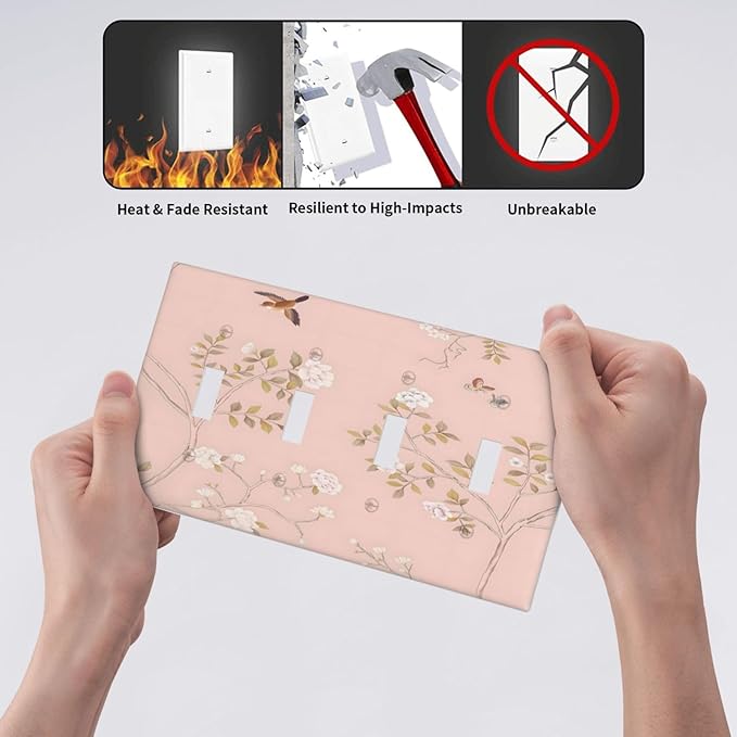 Pink Background Flowers Bird Butterflies Floral Light Switch Covers Quad Toggle Electrical Faceplate 4 Gang Wall Plate Decorative Switch Plates Cover for Bedroom Living Room Decor