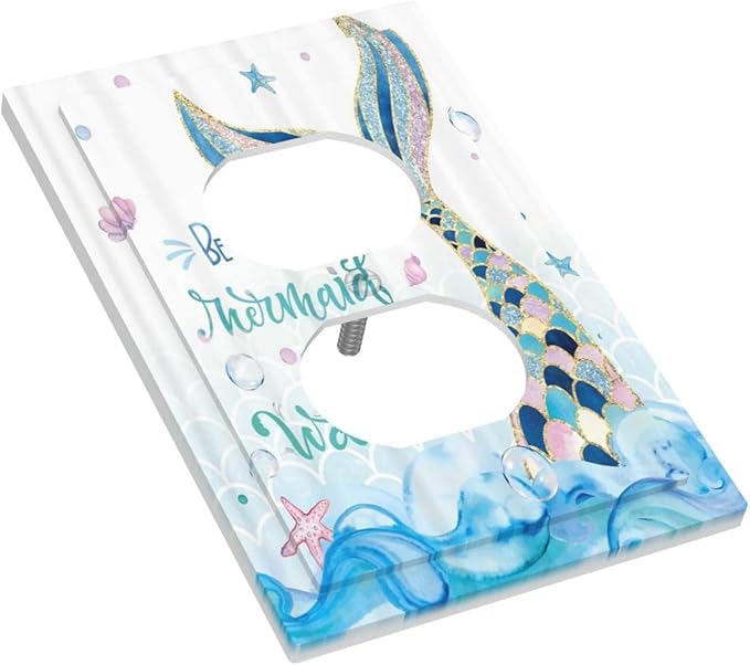 Mermaid Ocean Blue Waves Kids Girl 1 Gang Outlet Plate Decorative Single Duplex Wall Plate Covers Electrical Receptacle Light Switch Cover Art Faceplate Switchplate for Kidroom Bathroom Decor