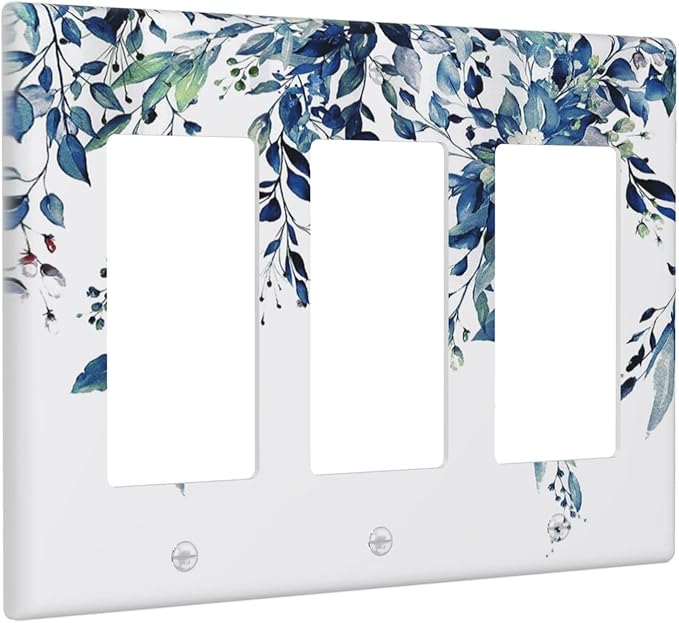 Blue Eucalyptus Watercolor Leaves 3 Gang Rocker Light Switch Plate Green Plant Triple Decora Outlet Wall Plate Cover Faceplate Decorative Switchcovers GFCI for Bathroom Living Room Bedroom Decor