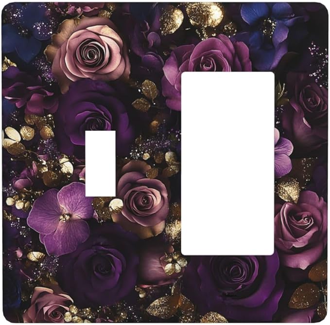 Decorative Toggle Switch Cover Plate with Luxurious Purple Roses Gold Accents Leaves Design 2-Gang 1-Gang Standard Wall Plate Light Switch Cover for Romantic Bedroom/Living Room Decor