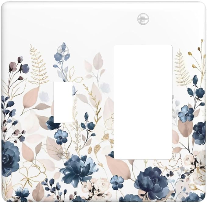 Blue Flora Boho Vintage Flower Golden Leaves Outlet Covers 1 Toggle 1 Rocker Combination Decorative Wall Plate Electrical Switch Plates Light Switch Cover Plate for Bedroom Living Room Decor