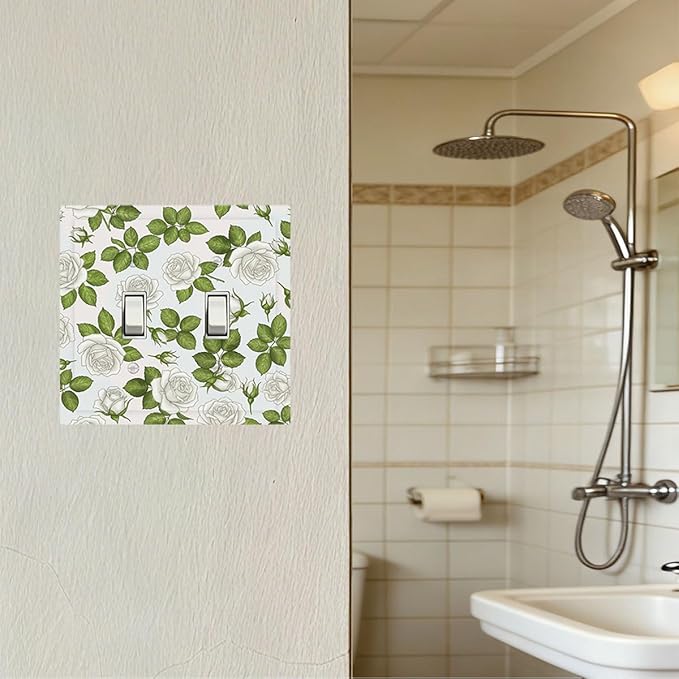 Elegant White Roses & Green Leaves Floral Double Toggle Switch Cover - 2-Gang Standard US Size Timeless Rose Garden Light Switch Covers for Bathroom Bedroom Vanity Decor