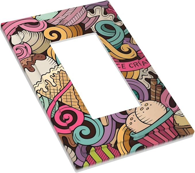 Cartoon Hand Drawn Ice Cream Doodles Colorful Print Decorative Outlet Covers 1 Gang Single Rocker Light Switch Cover Plate Wall Plates GFCI Faceplate for Kids Room Nursery Decor