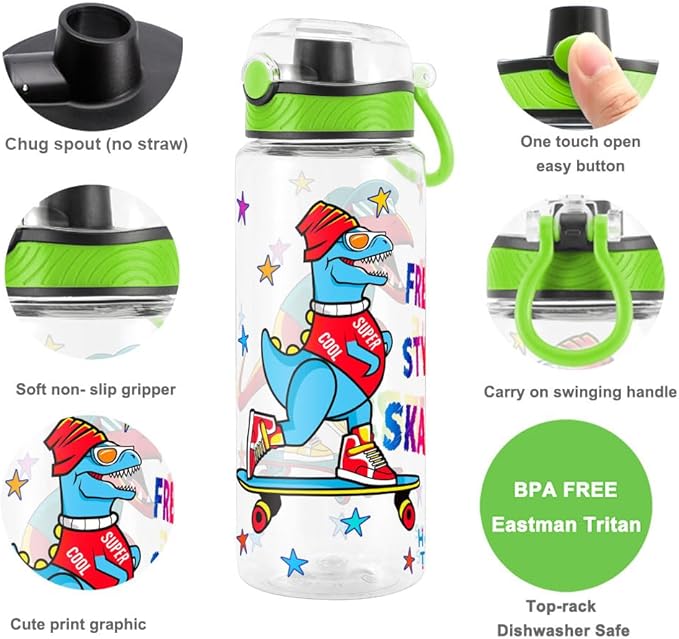 Home Tune Cute Water Bottle for School Kids Girls, BPA FREE Tritan & Leak Proof & Easy Clean & Carry Handle, 23oz/ 680ml (Skateboarding)
