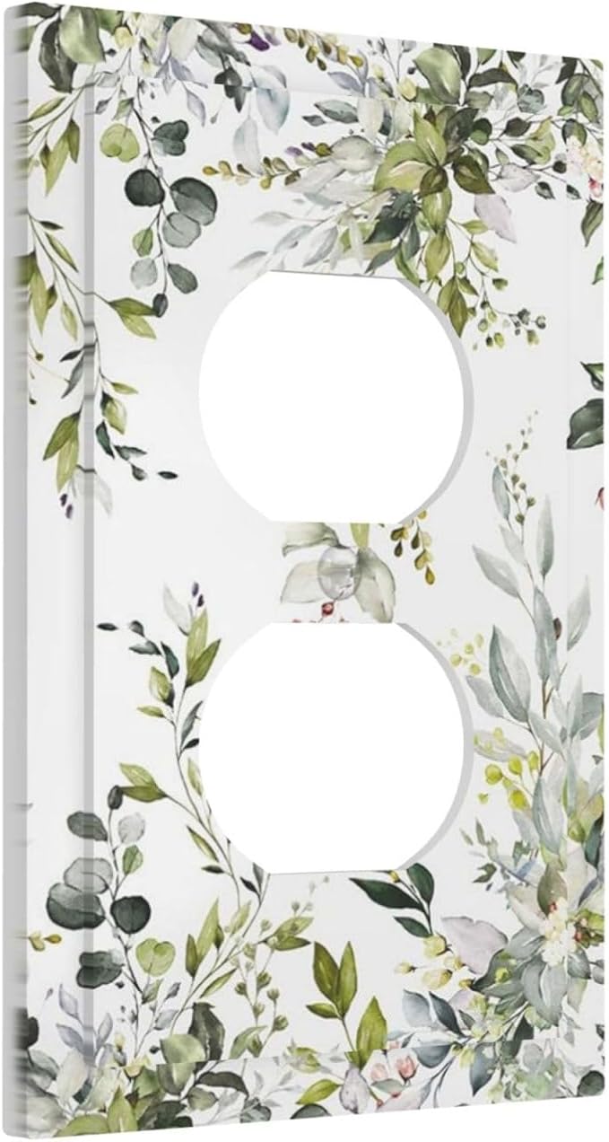Eucalyptus Sage Green Leaf Plant Floral Outlet Covers 1 Gang Duplex Light Switch Cover Decorative Switch Plates Electrical Receptacle Faceplate Wall Plate for Bedroom Living Room Decor