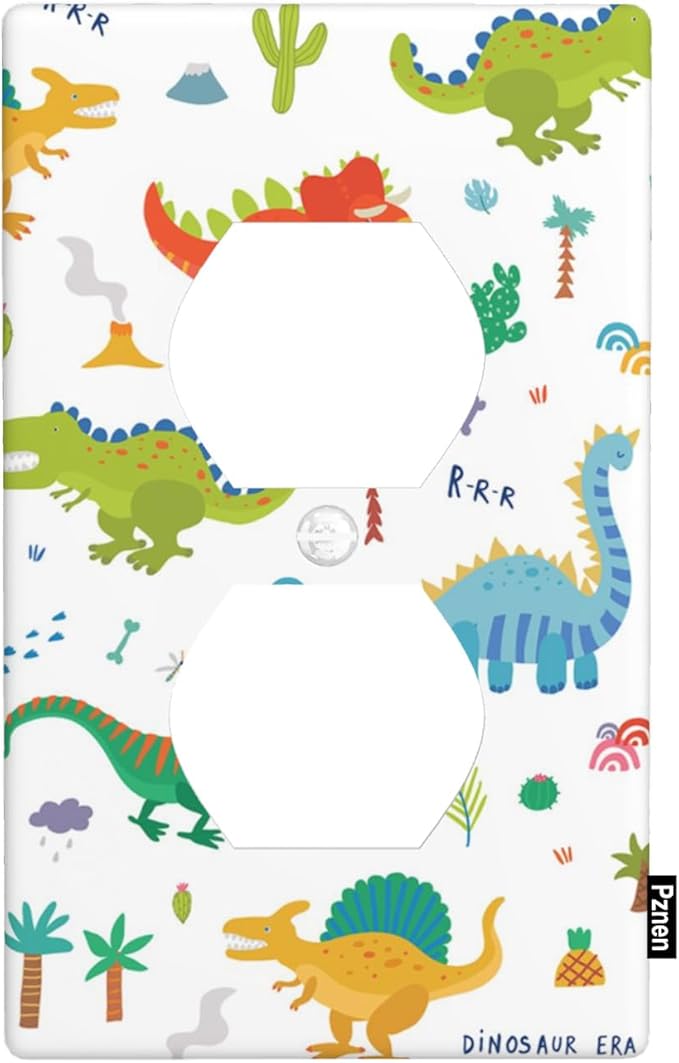 Dinosaur Outlet Covers Colorful Dinosaurs White Duplex Receptacle Wall Plate Standard 1 Gang Plug Cover for Teen Boy Girl Room Wall Wart Decor
