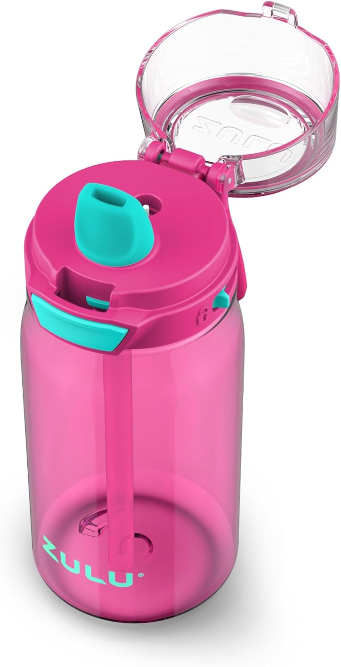 Zulu Kids Flex 16oz Tritan Plastic Water Bottle with Silicone Spout, Leak-Proof Locking Flip Lid and Soft Touch Carry Loop for School Backpack, Lunchbox, and Outdoor Sports, Pink