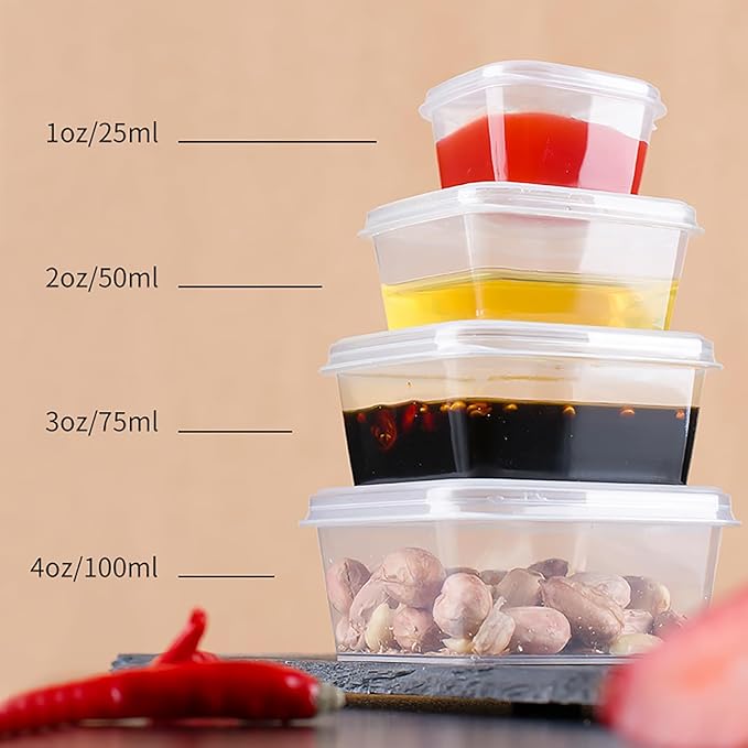 Square-shaped Disposable Sauce Cup Set - All-in-One Design with 4 Size Options, Convenient for Carrying and Use (2 oz.)