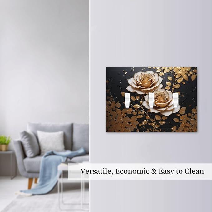Decorative Light Switch Plate Covers Big Golden White Roses Glod Leaves Black Background 3 Gang Wall Plate Switch Cover Plate Triple Toggle Jumbo Electrical Faceplate for Home Decor