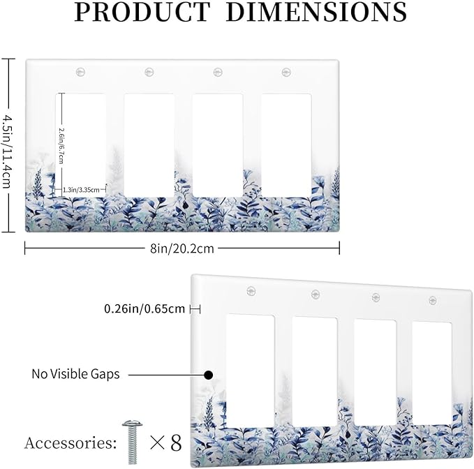 Decorative Outlet Covers Rustic Blue Plants Wildflowers Boho Leaves 4 Gang Wall Plate Cover Quad Rocker Decora Light Switch Covers Plate Jumbo Electrical GFCI Switch Plate Cover