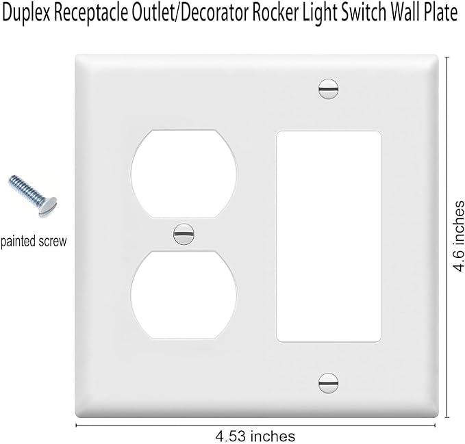 ZEFTV Duplex Outlet/Decorator Rocker Light Switch Wall Plates 2-Gang Switch Outlet Electrical Cover Plate Unbreakable Thermoplastic Faceplate for Light Receptacle Outlet Switch, White (4 Pack)