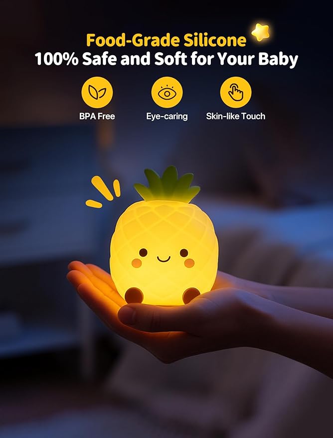 Pineapple Night Light for Kids, Nursery Night Light, Bedside Touch Lamp, Cute Silicone Nightlight for Baby Toddler, 3 Level Dimmable, Christmas Gift for Baby,Adults,Toddler Girl Room Decor