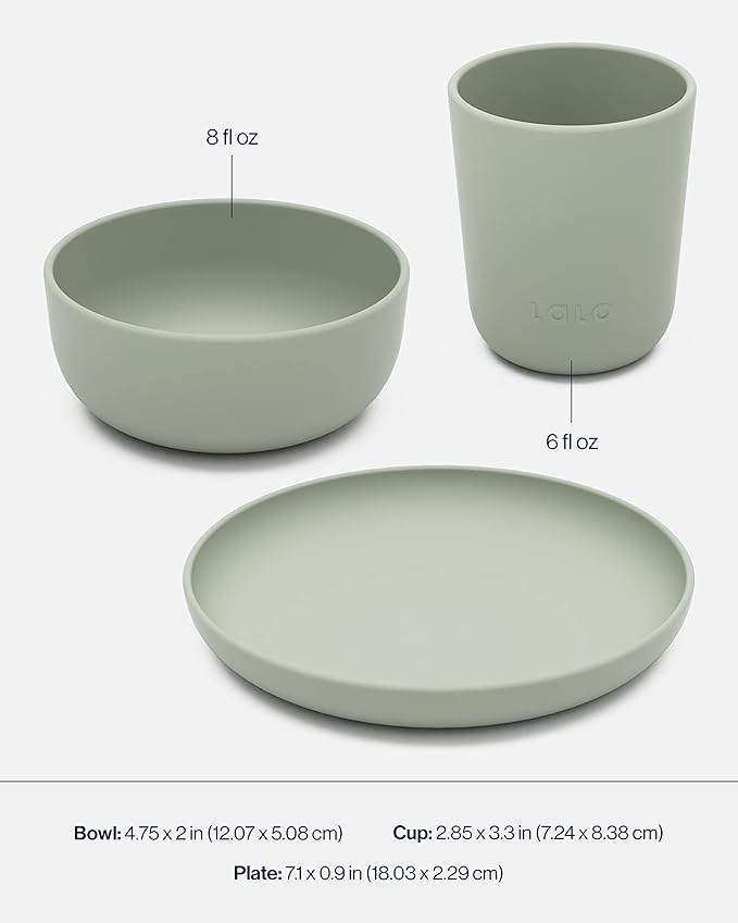 Lalo Big Bites Kids Dinnerware Starter Set - Dishwasher Safe, BPA Free, Kids Tableware Set - Includes Stackable Bowl, Plate, Utensils & Cup - 5 Pieces - Sage