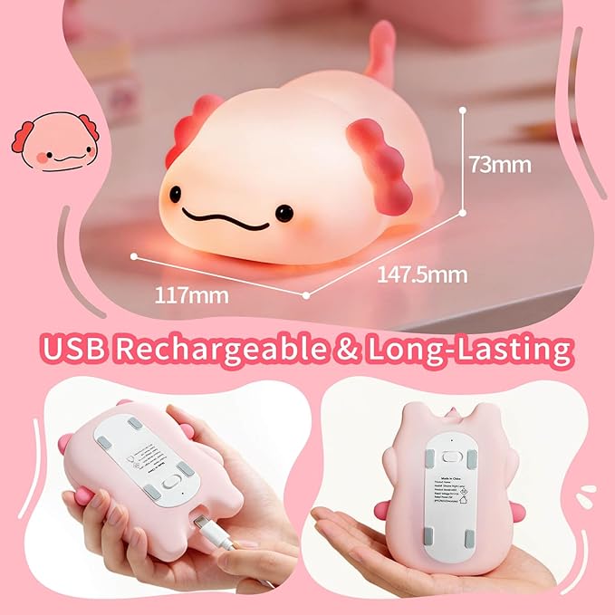 Axolotl Night Light for Kids, Squishy Silicone 3-Level Dimmable Touch Control Cute Nightlight with Timer, Portable USB Rechargeable Nursery Pink Night Lamp Gifts for Baby, Toddler Room Decor