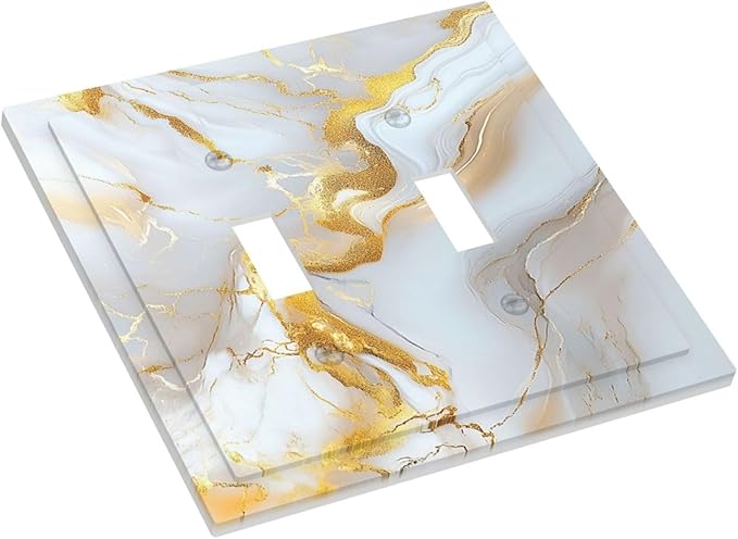 Decorative Switch Plate Cover Abstract Gold Marble Design with White & Gold 2 Gang Wall Plate Unique Double Toggle Double Light Switch Covers for Modern Luxurious Decor