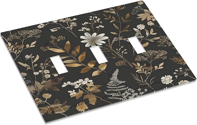 Decorative Switch Plates Black Gold Floral Dark Leaves Vintage Flowers 3 Gang Wall Plate Triple Toggle Light Switch Cover Faceplate Electrical Wall Panels for Bed Room Home Decor