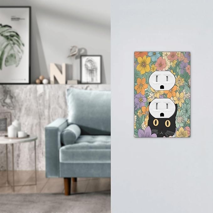 Outlet Covers Funny Cute Cartoon Cat Floral Colorful Flower 1 Gang Duplex Light Switch Cover Decorative Switch Plates Electrical Receptacle Faceplate Wall Plate For Kids Room Nursery