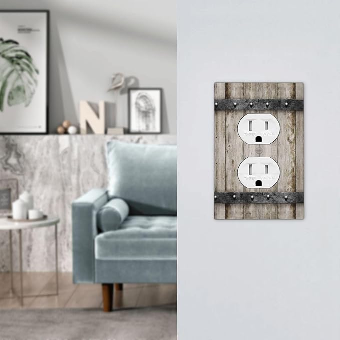 1 Gang Single Duplex Receptacle Outlet Cover Western Barn Rustic Cabin Vintage Brown Wooden Wood Retro Metal Texture Electrical Wall Plate One Gang Dual Device Light Switch Faceplate Socket Plug Cover