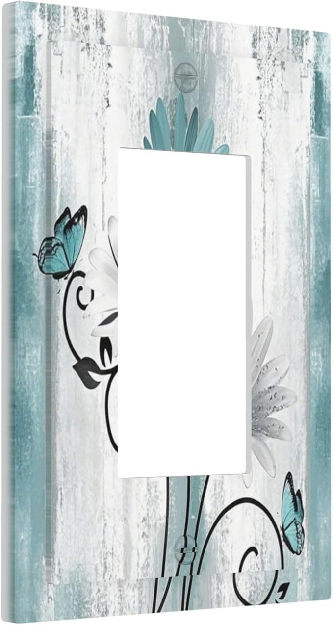 Light Switch Cover Plate Teal Daisy Floral Butterfly Vintage Wood 1 Gang Outlet Covers Single Rocker Decorative Switch plates Electrical Wall Plates GFCI Receptacle for Bathroom Bedroom Decor