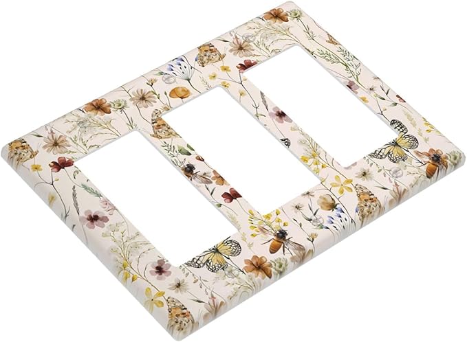 Vintage Butterflies Triple Rocker Wall Plates Colorful Wildflower Light Switch Plate Covers Decorative Cute Bees GFCI Lightswitch Faceplate Beige Flower Leaves Dimmer Decor for Bedroom Kidroom