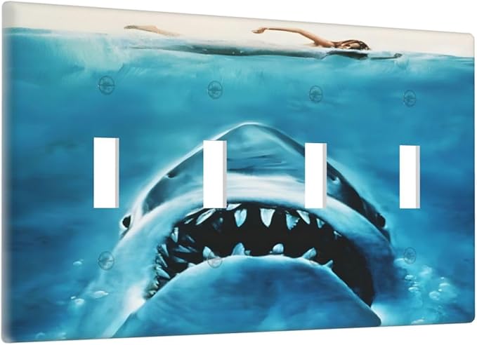 Swimming Woman Funny Shark Blue Ocean Light Switch Covers Quad Toggle Electrical Faceplate 4 Gang Wall Plate Decorative Switch Plates Cover for Kids Room Bedroom Decor