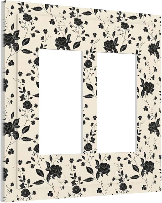 Black Rose Dark Romance Wildflowers Floral Decorative Outlet Covers 2 Gang Double GFCI Rocker Electrical Wall Panels Light Switch Cover Plate for Bedroom Living Room Decor