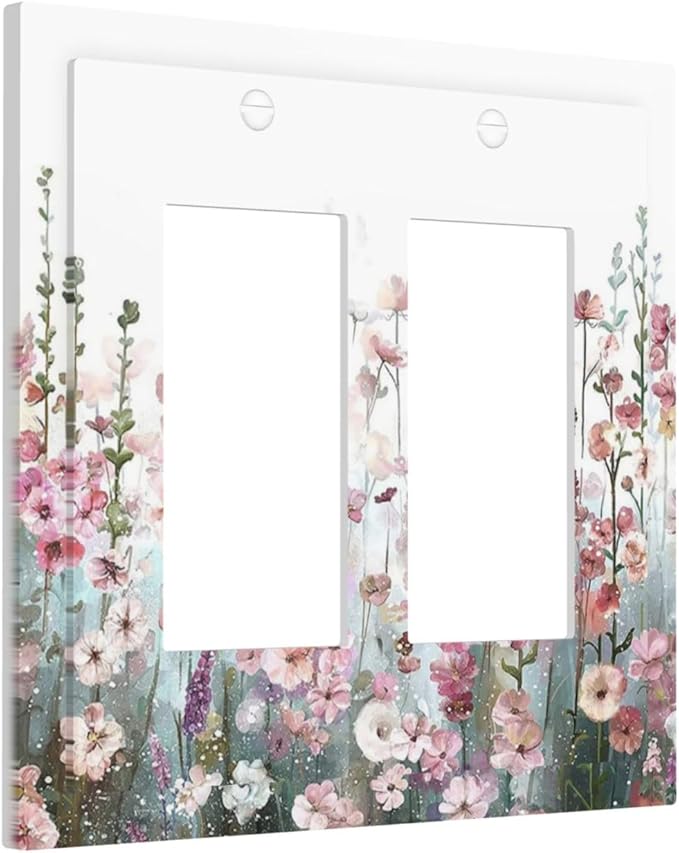 Colorful Flowers Pink Floral Watercolor Plant Decorative Outlet Covers 2 Gang Double GFCI Rocker Electrical Wall Panels Light Switch Cover Plate for Bed Room Living Room Decor