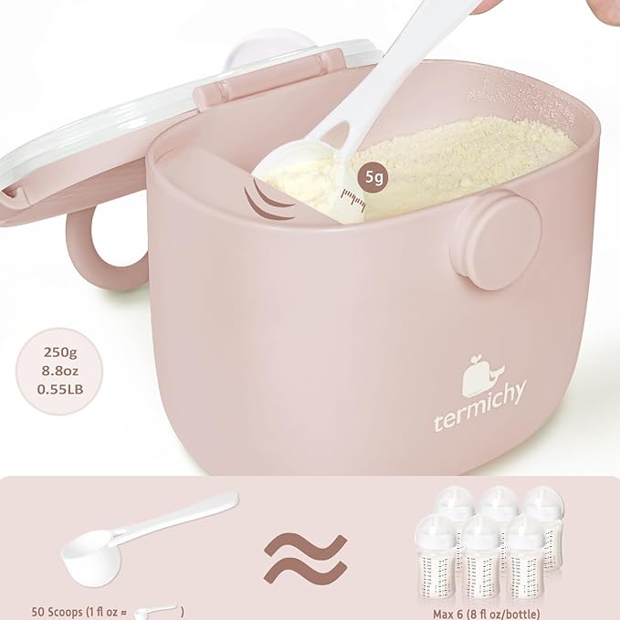 Termichy Baby Formula Dispenser, Portable Milk Powder Dispenser Container with Carry Handle and Scoop for Travel Outdoor Activities with Baby Infant, 8.8OZ, 0.55LB, 250g,500ml (Full Lightpink)