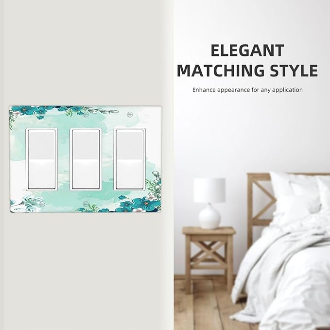 Light Switch Covers Blue Green Flowers Light Green Watercolor Patterns 3 Gang Rocker Electrical GFCI Decorative Triple Outlet Wall Plate Cover Switchplate for Bedroom Home Decor
