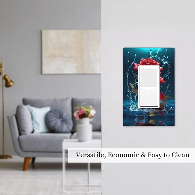 Red Rose Blue Water Drips 1 Gang Rocker Light Switch Plate Single Decora Outlet Wall Plate Cover Faceplate Decorative Switchplate GFCI for Kidroom Bathroom Living Room Bedroom Decorate